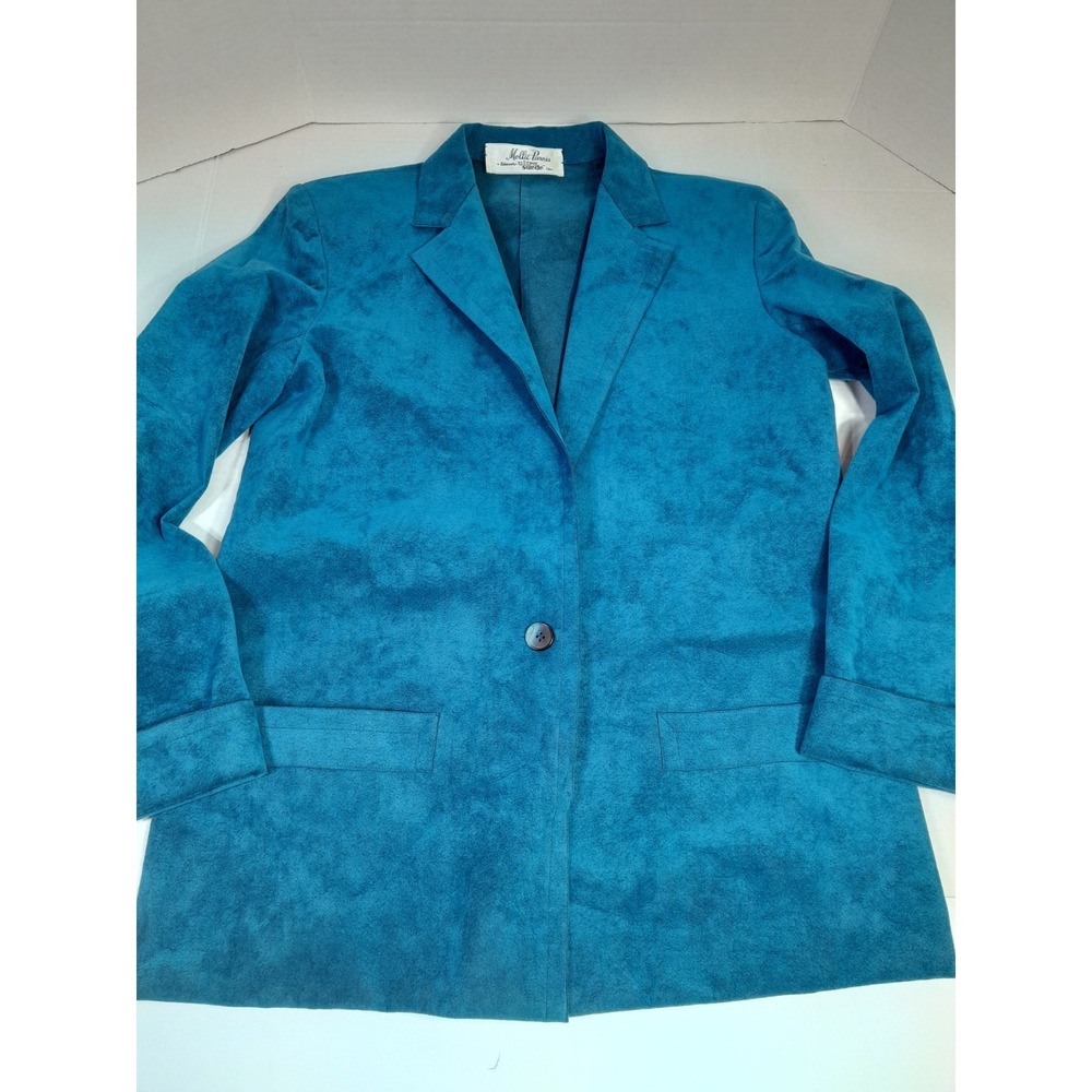 Vtg 70s Mollie Parnis Suede One Button Blazer W Belt Blue 18.5 X 26.5 USA Made - Picture 2 of 10